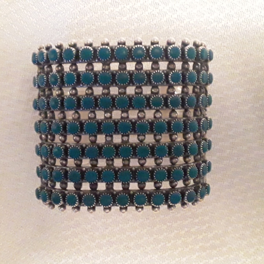 Vintage seven row turquoise/silver cuff. Bought from maker on Ebay years ago.